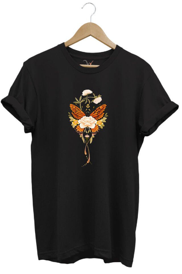 Minimal Kelebek ve Çiçek Baskılı %100 Pamuk Regular Fit Bisiklet Yaka T-shirt Siyah - L