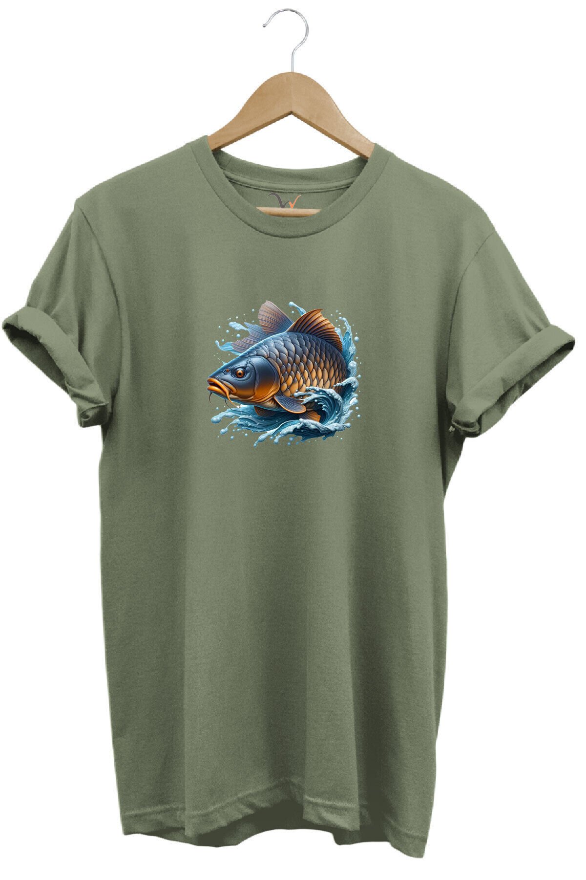Balıkçı Fishing Sazan Avı Balıkçılığı Baskılı %100 Pamuk Regular Fit Bisiklet Yaka Gri T-shirt Haki - M