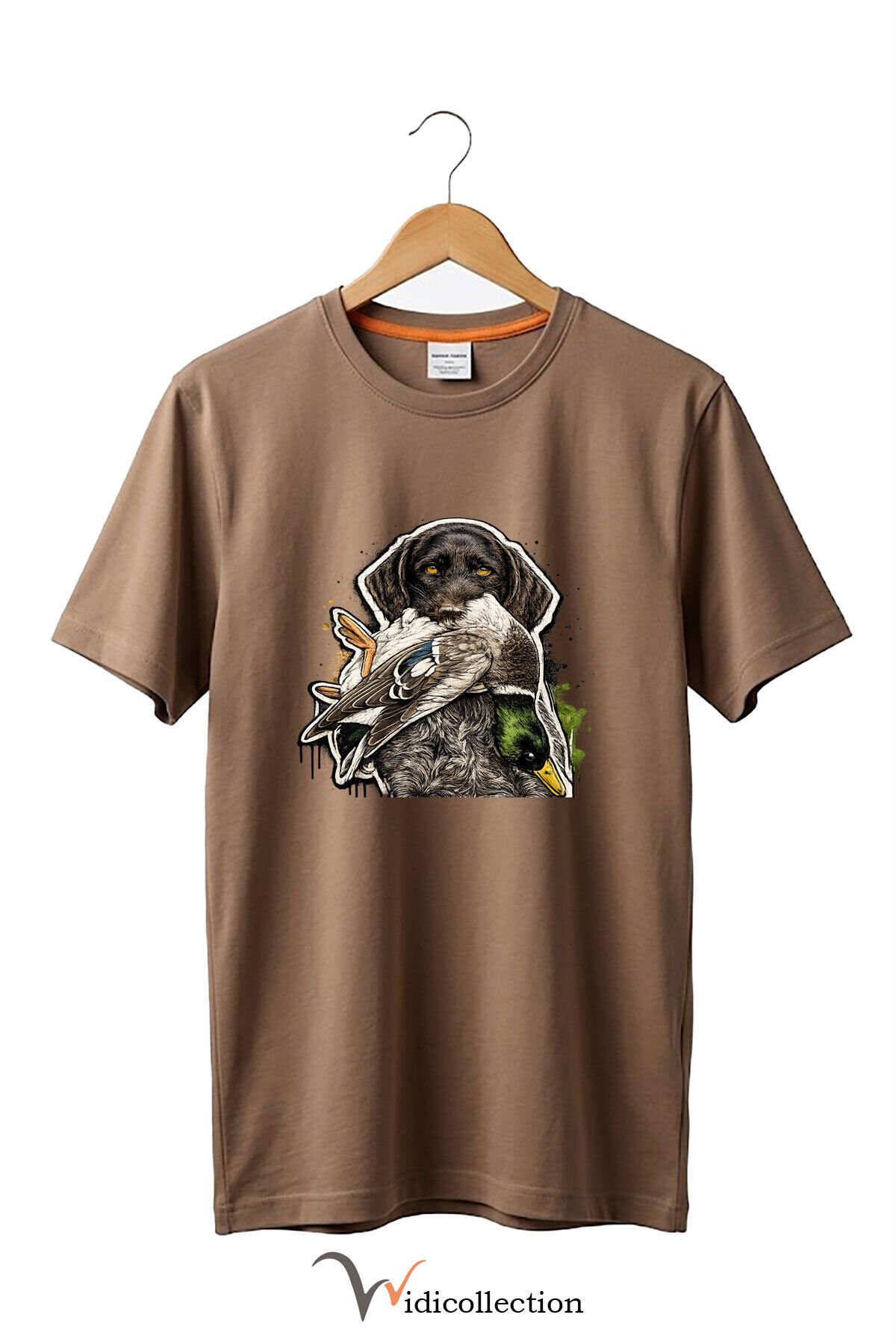 Unisex Avcı Köpeği ve Ördek Baskılı Ördek Avı Doğa ve Yaban Hayatı Outdoor %100 Pamuk Basic T-Shirt Açık Kahverengi - XL
