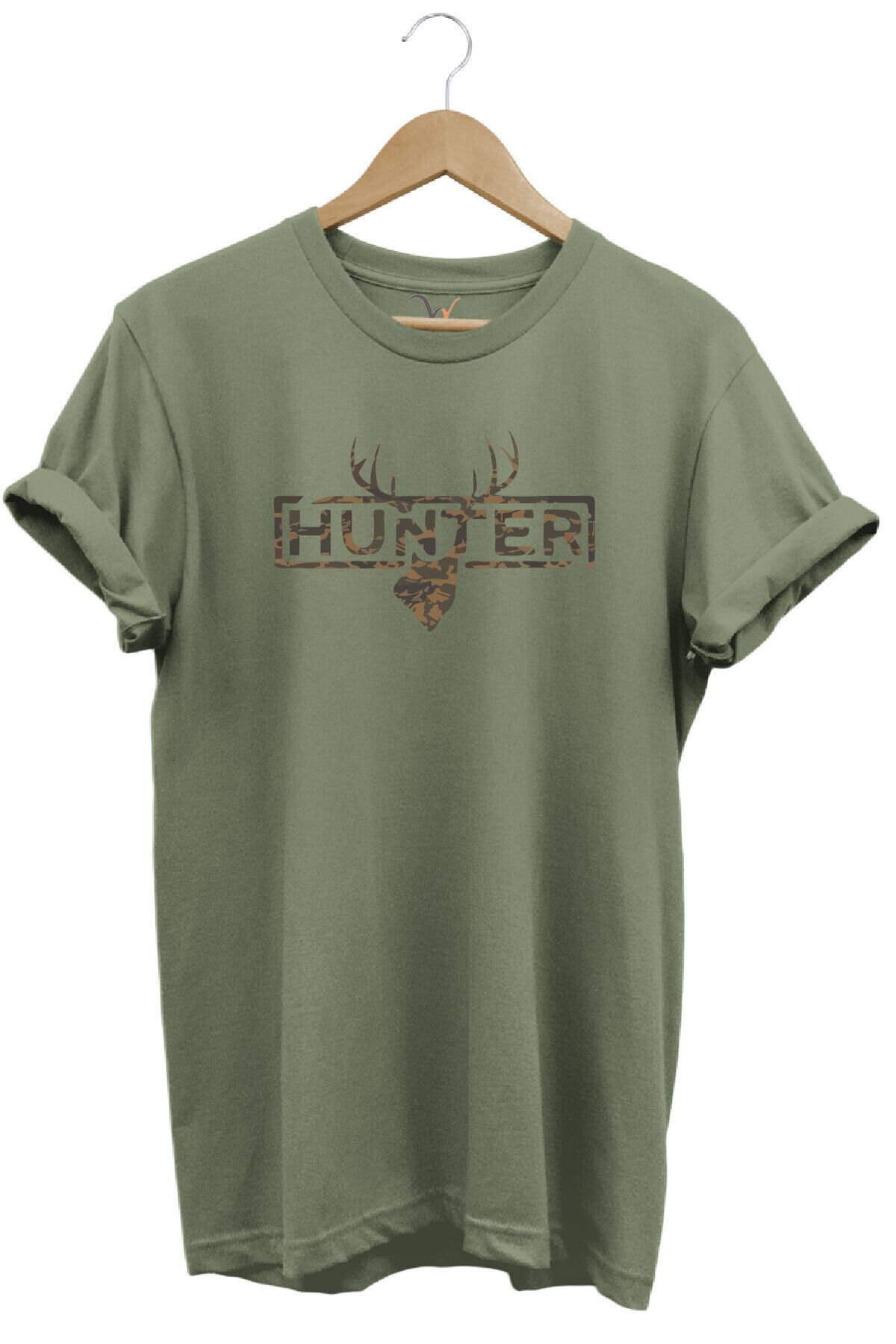 Avcılık Kamuflaj Desenli Geyik ve Hunter Yazı Baskılı %100 Pamuk Regular Fit Bisiklet Yaka T-shirt Haki - S