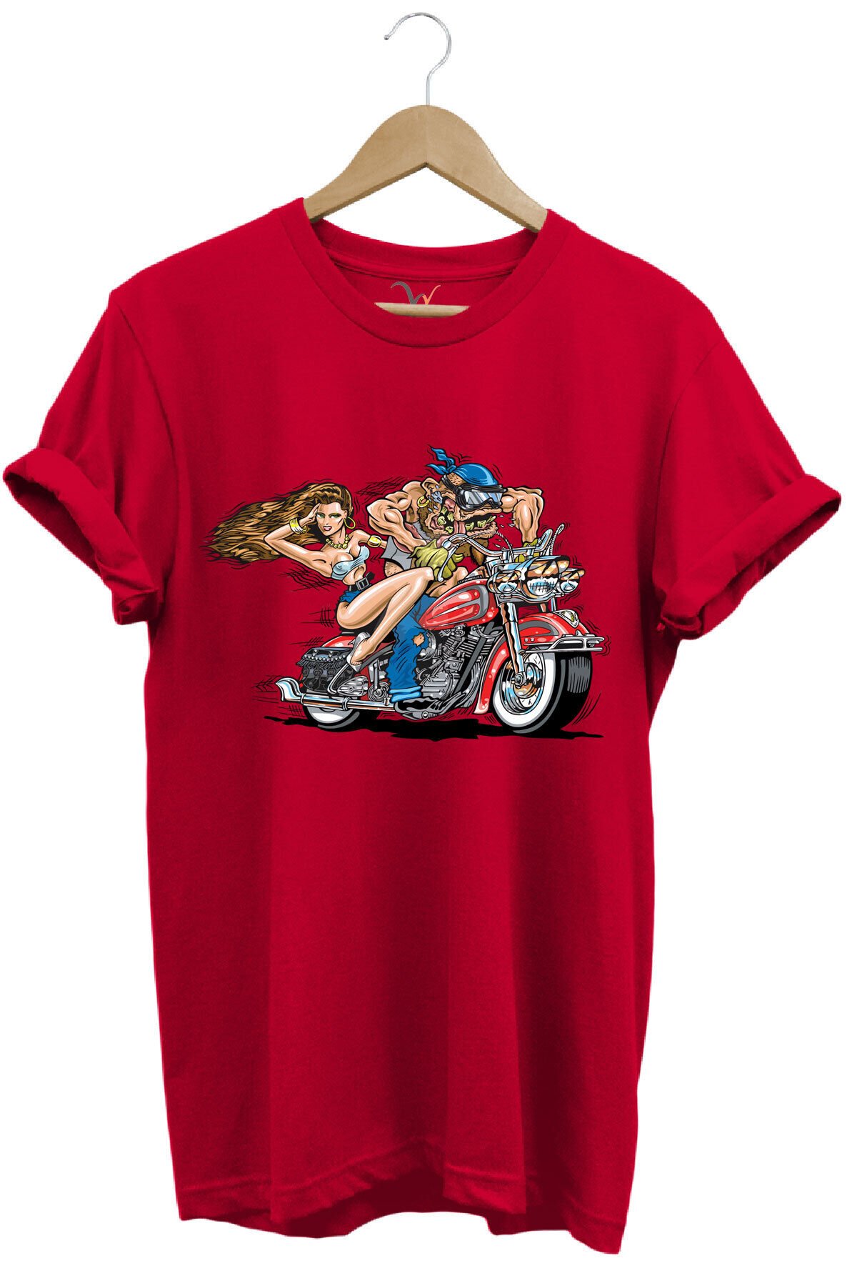 Motosiklet Motor Süren Adam ve Kadın Baskılı %100 Pamuk Regular Fit T-shirt Kırmızı - S