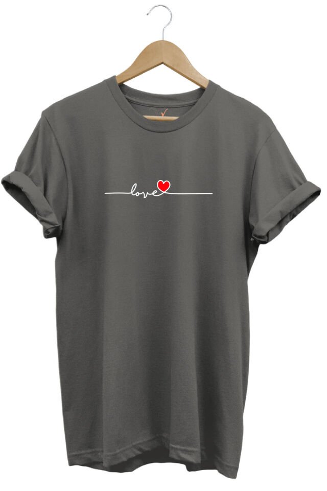 Sevgililer Günü Hediyesi Love Yazı Baskılı Kalpli %100 Pamuk Regular Fit Bisiklet Yaka T-Shirt Gri - 2XL