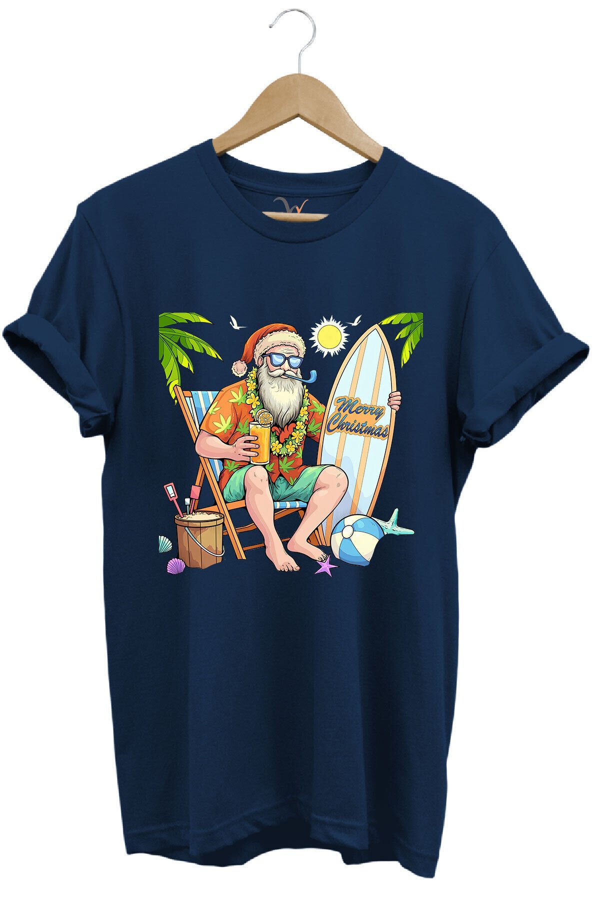 Merry Christmas Yaz Temalı Plajda Noel Baba Baskılı %100 Pamuk Unisex Regular Fit T-Shirt Lacivert - 2XL