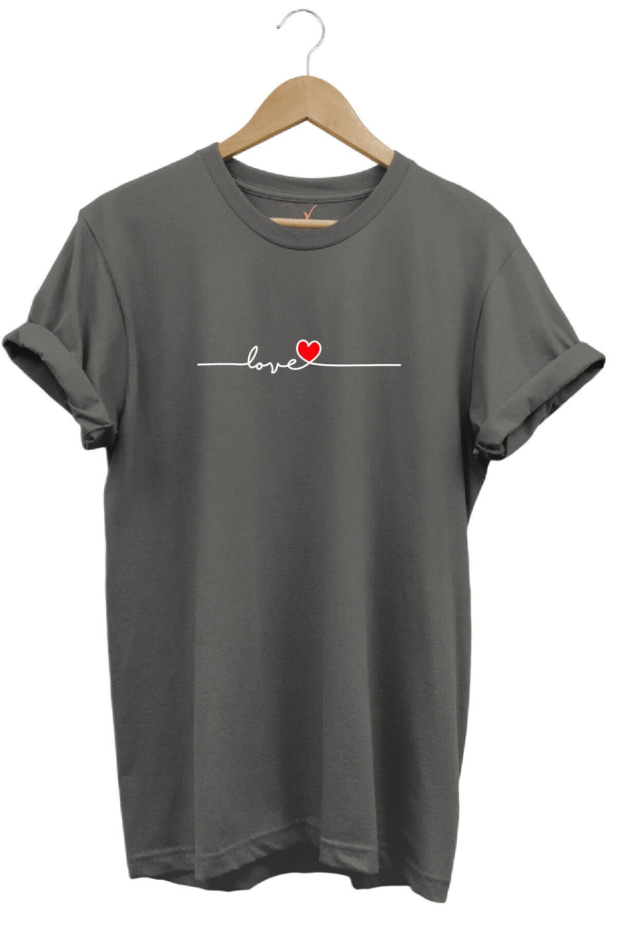 Sevgililer Günü Hediyesi Love Yazı Baskılı Kalpli %100 Pamuk Regular Fit Bisiklet Yaka T-Shirt Gri - S