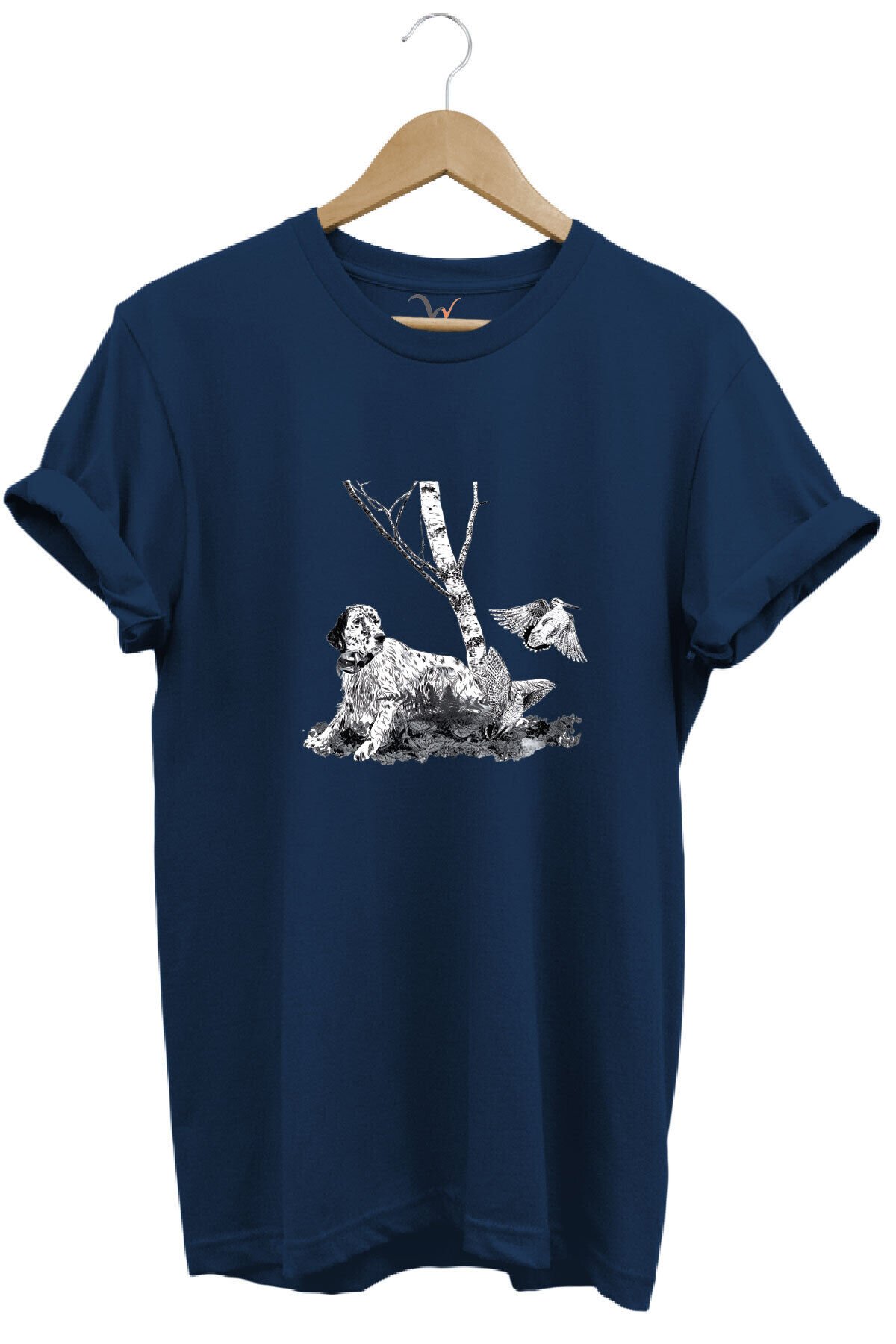 Avcılık English Setter ve Çulluk Baskılı %100 Pamuk Regular Fit Bisiklet Yaka T-shirt Lacivert - XL