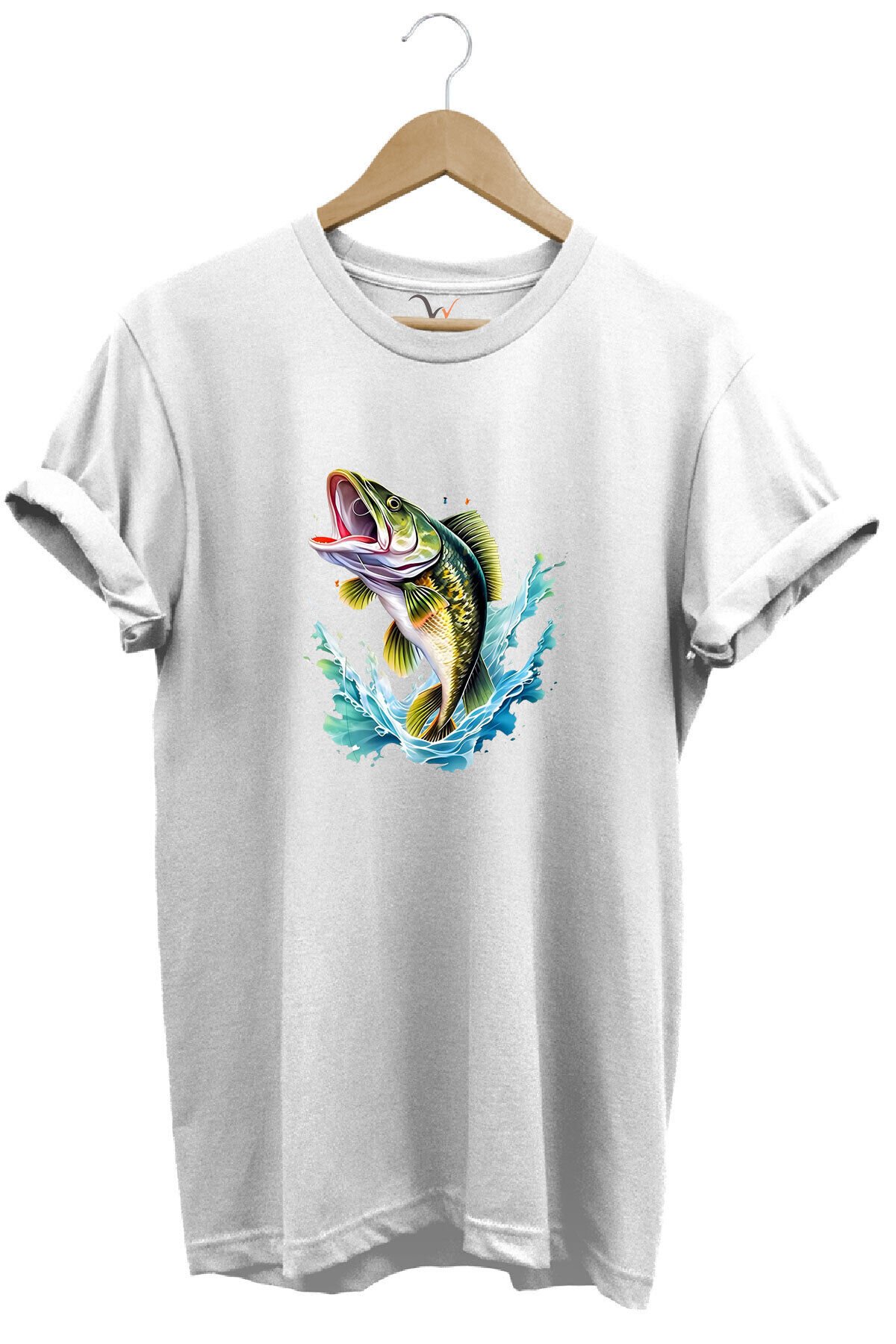 Fishing Balıkçılık Levrek Balığı Deniz Baskılı %100 Pamuk Regular Fit Bisiklet Yaka Beyaz T-shirt Beyaz - 2XL