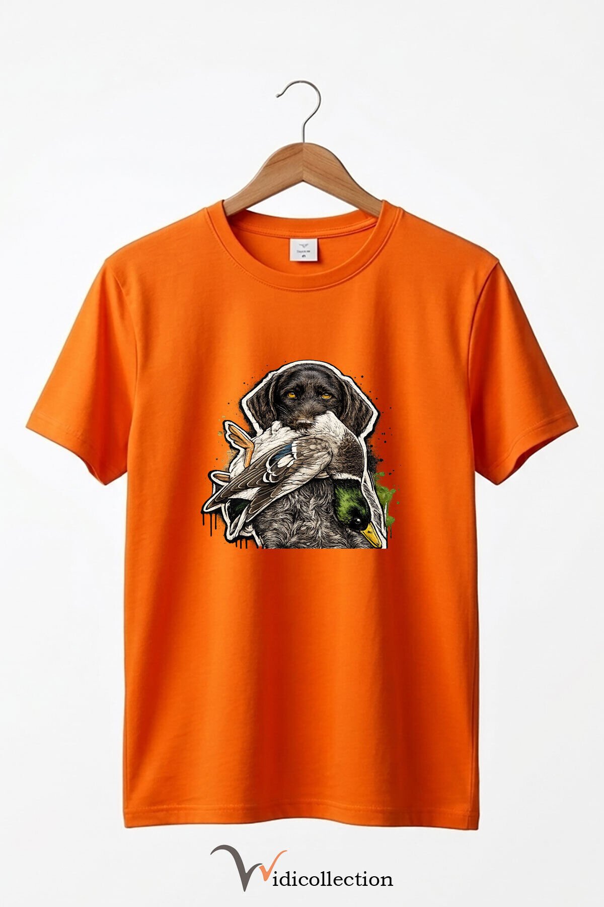 Unisex Avcı Köpeği ve Ördek Baskılı Ördek Avı Doğa ve Yaban Hayatı Outdoor %100 Pamuk Basic T-Shirt Turuncu - XL