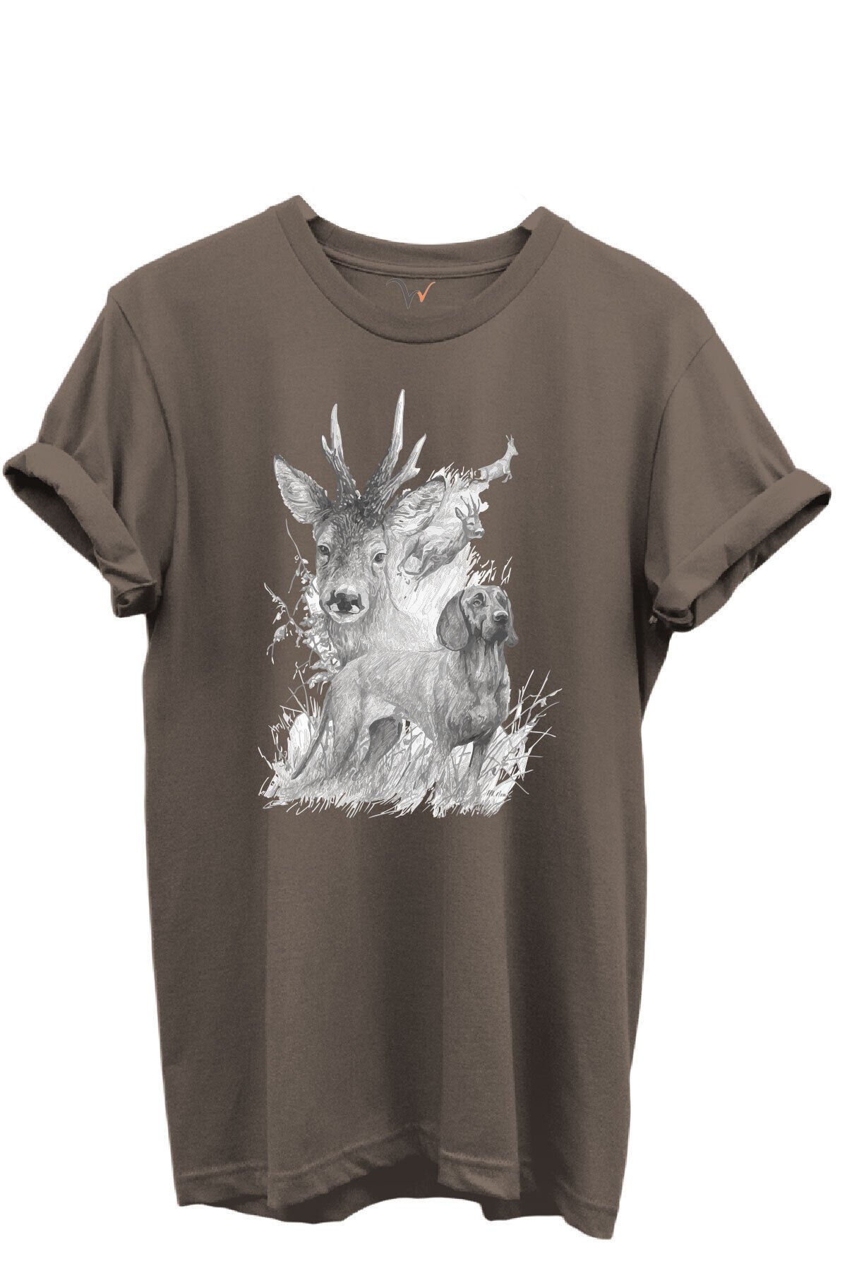 Geyik ve Av Köpeği Çizim Baskılı %100 Pamuk Regular Fit Bisiklet Yaka Unisex T-shirt Kahverengi - M