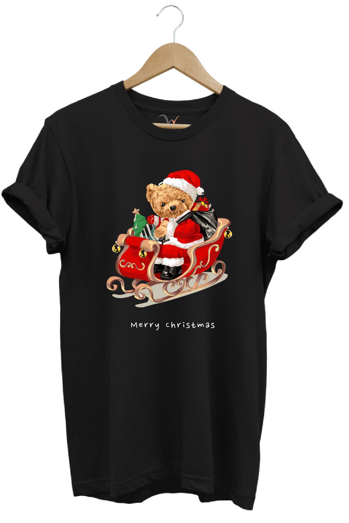 Christmas Baskılı Sevimli Ayıcık Yılbaşı Noel %100 Pamuk Regular Fit Bisiklet Yaka T-shirt Siyah - M