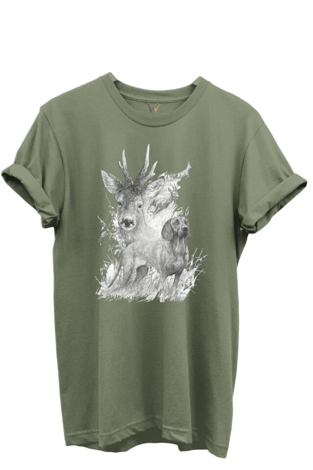 Geyik ve Av Köpeği Çizim Baskılı %100 Pamuk Regular Fit Bisiklet Yaka Unisex T-shirt Haki - S
