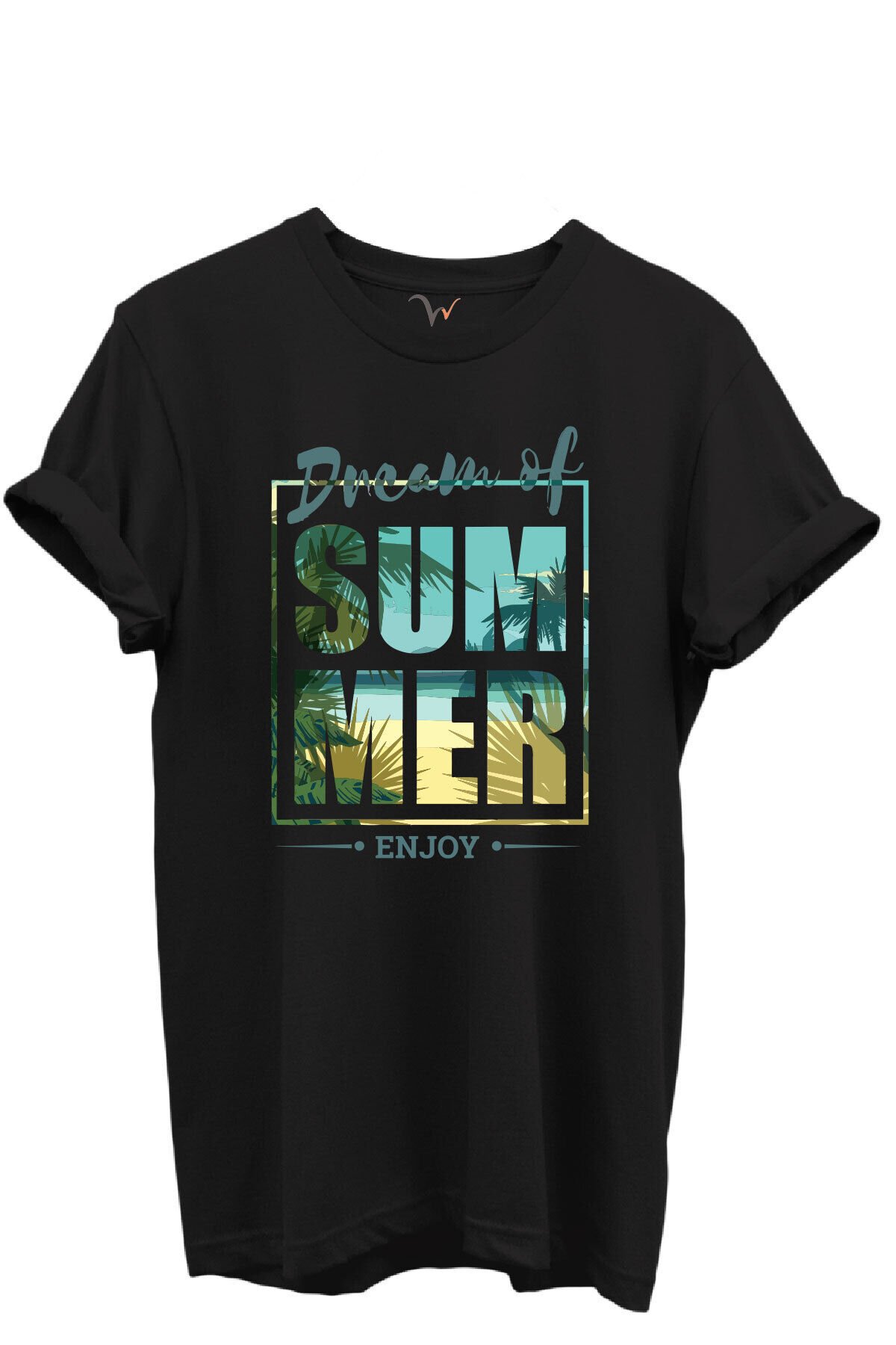 Dream of Summer Yazılı Palmiye ve Sahil Temalı %100 Pamuk Regular Fit Unisex T-Shirt Siyah - M