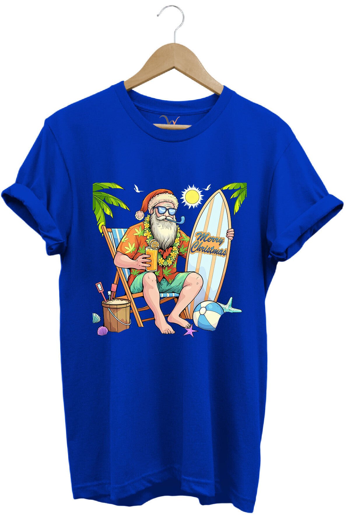 Merry Christmas Yaz Temalı Plajda Noel Baba Baskılı %100 Pamuk Unisex Regular Fit T-Shirt Mavi - 3XL