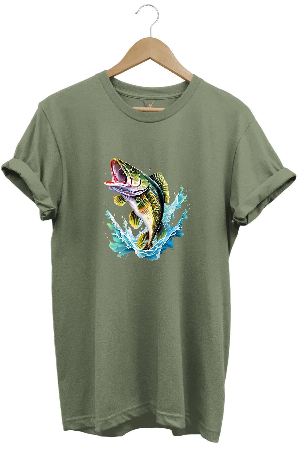Fishing Balıkçılık Levrek Balığı Deniz Baskılı %100 Pamuk Regular Fit Bisiklet Yaka Beyaz T-shirt Haki - M