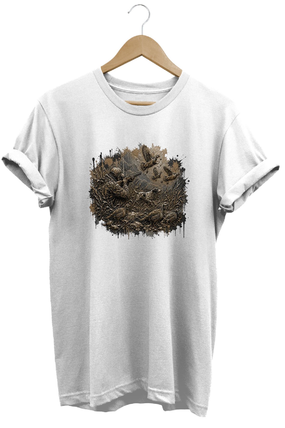 Arazi Köpeği ve Kuş Baskılı Atıcılık Tişörtü Outdoor Doğa Giyimi Beyaz - XL
