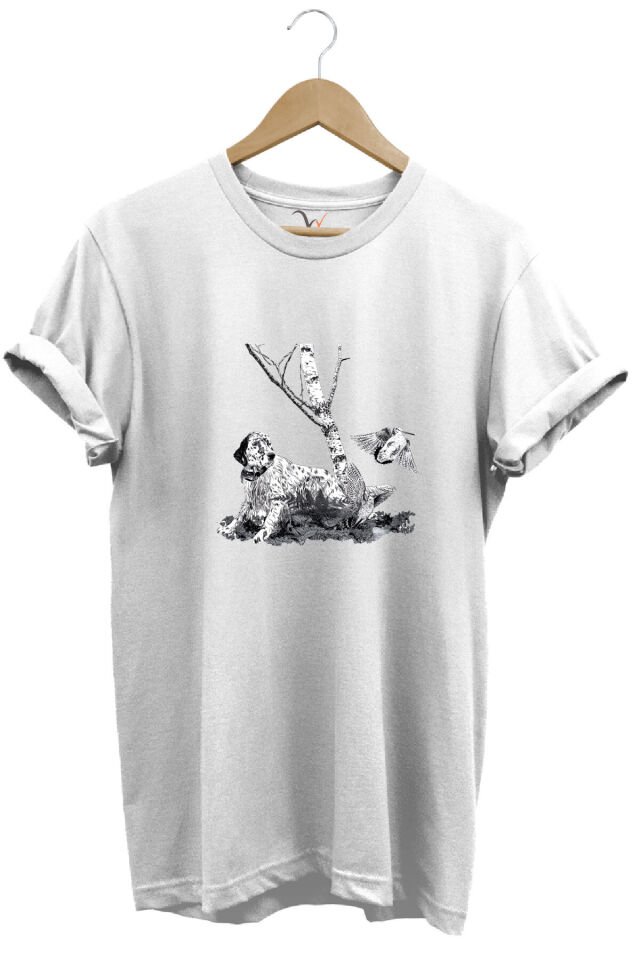 Avcılık English Setter ve Çulluk Baskılı %100 Pamuk Regular Fit Bisiklet Yaka T-shirt Beyaz - XL
