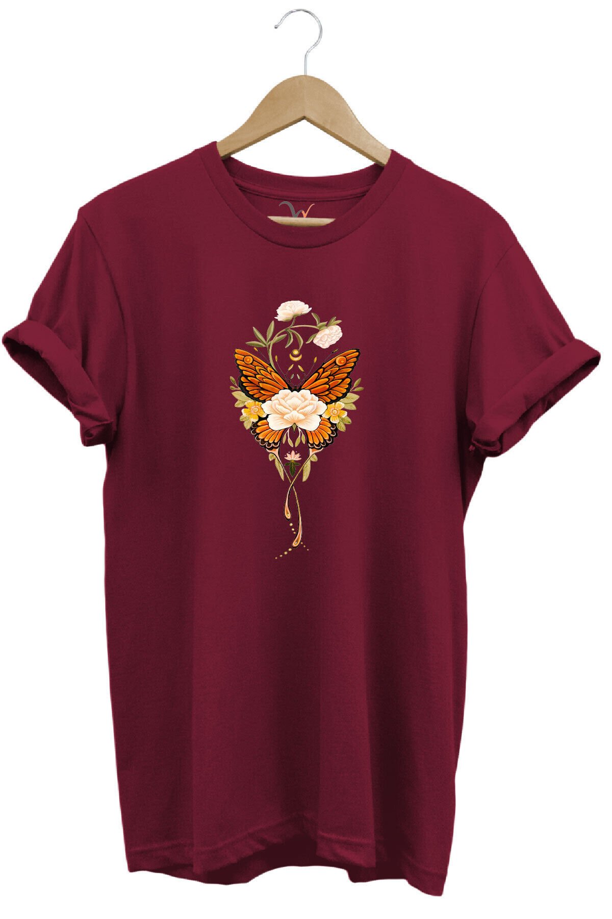 Minimal Kelebek ve Çiçek Baskılı %100 Pamuk Regular Fit Bisiklet Yaka T-shirt Bordo - L
