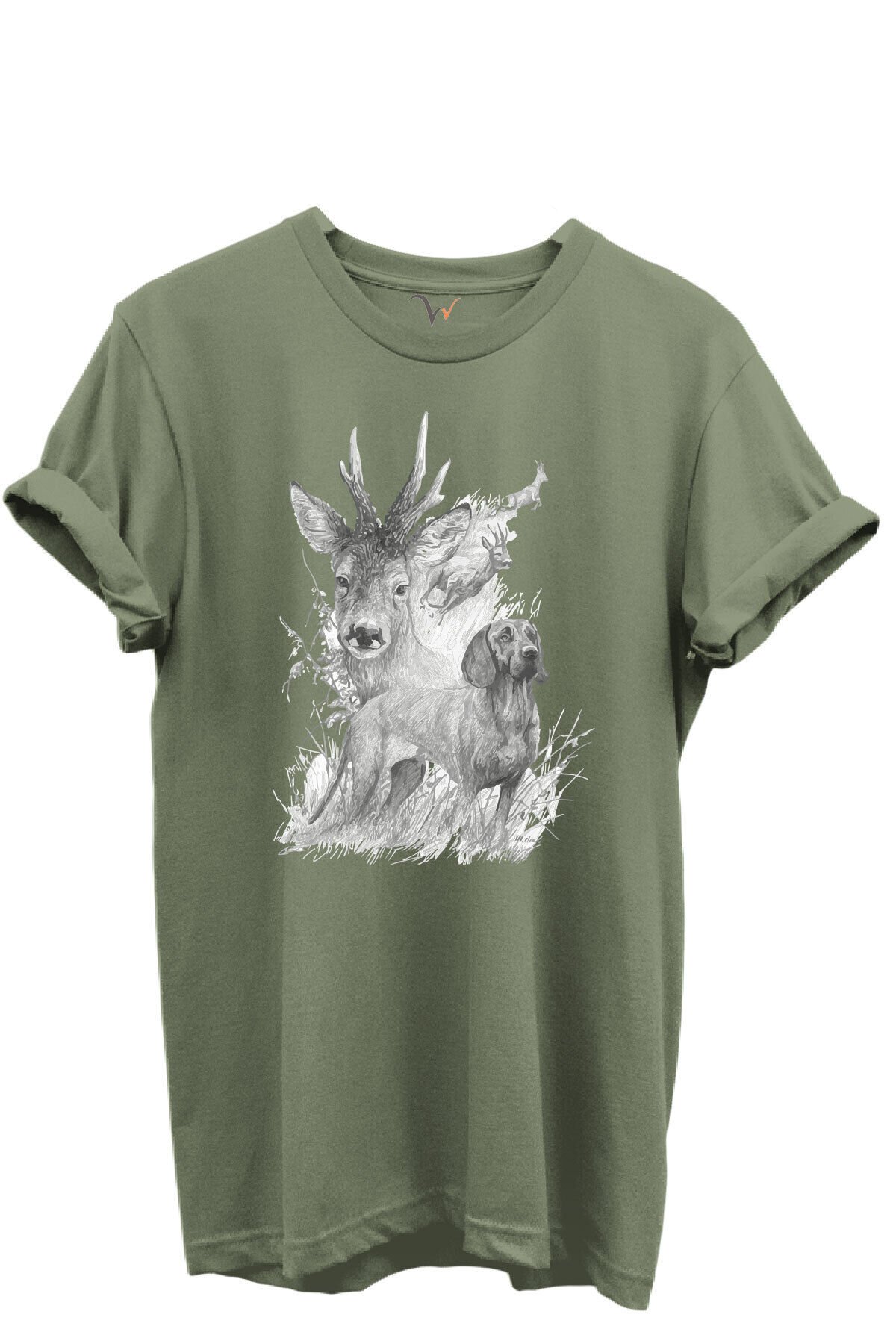 Geyik ve Av Köpeği Çizim Baskılı %100 Pamuk Regular Fit Bisiklet Yaka Unisex T-shirt Haki - 3XL