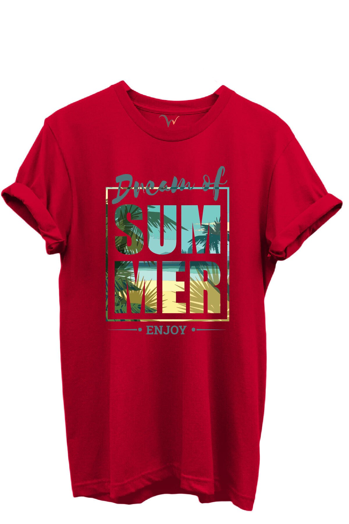 Dream of Summer Yazılı Palmiye ve Sahil Temalı %100 Pamuk Regular Fit Unisex T-Shirt Kırmızı - 2XL