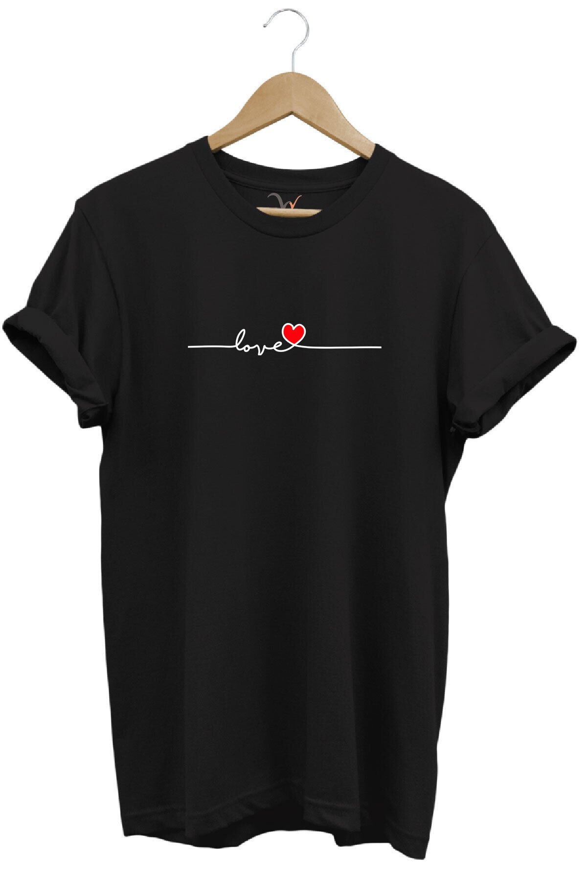 Sevgililer Günü Hediyesi Love Yazı Baskılı Kalpli %100 Pamuk Regular Fit Bisiklet Yaka T-Shirt Siyah - M