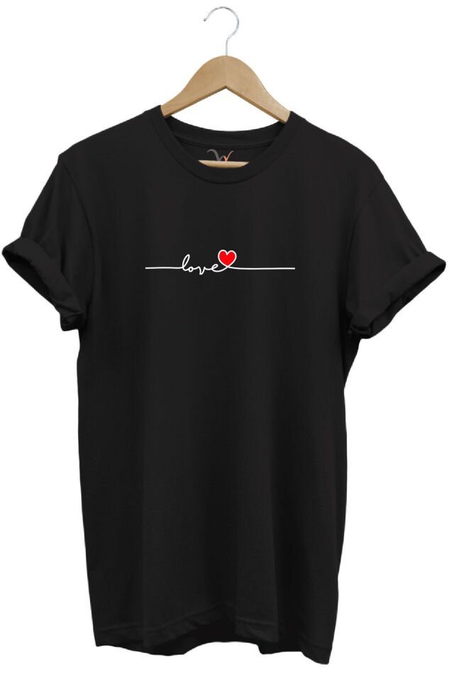 Sevgililer Günü Hediyesi Love Yazı Baskılı Kalpli %100 Pamuk Regular Fit Bisiklet Yaka T-Shirt Siyah - M