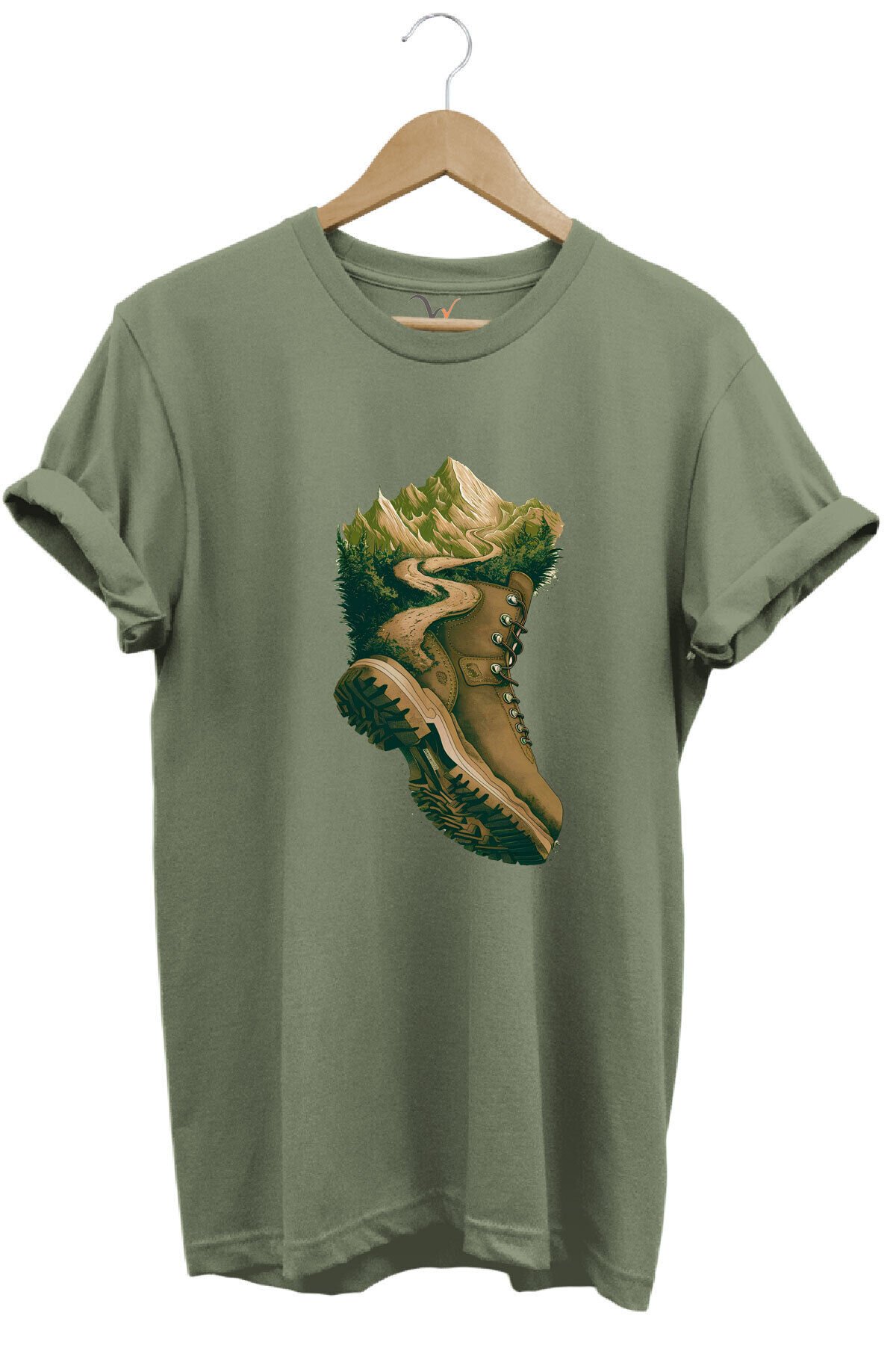 Outdoor Bot Ve Dağ Patika Yol Kamp Gezgin Baskılı %100 Pamuk Regular Fit Bisiklet Yaka Haki T-shirt Haki - S