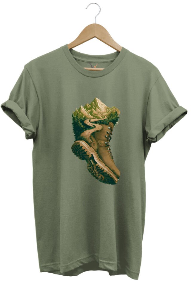 Outdoor Bot Ve Dağ Patika Yol Kamp Gezgin Baskılı %100 Pamuk Regular Fit Bisiklet Yaka Haki T-shirt Haki - S