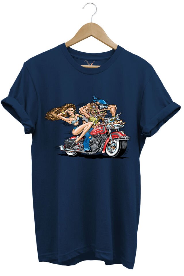 Motosiklet Motor Süren Adam ve Kadın Baskılı %100 Pamuk Regular Fit T-shirt Lacivert - L