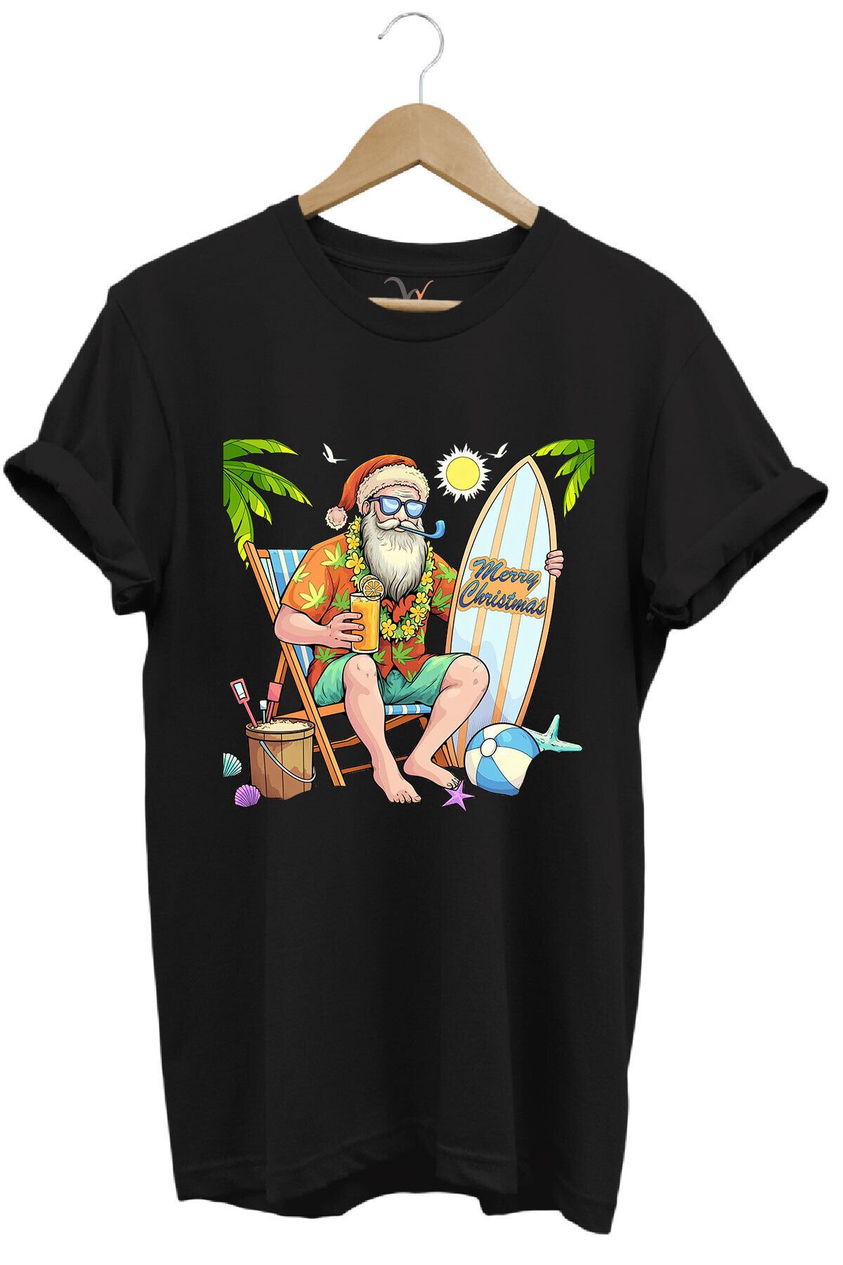 Merry Christmas Yaz Temalı Plajda Noel Baba Baskılı %100 Pamuk Unisex Regular Fit T-Shirt Siyah - S
