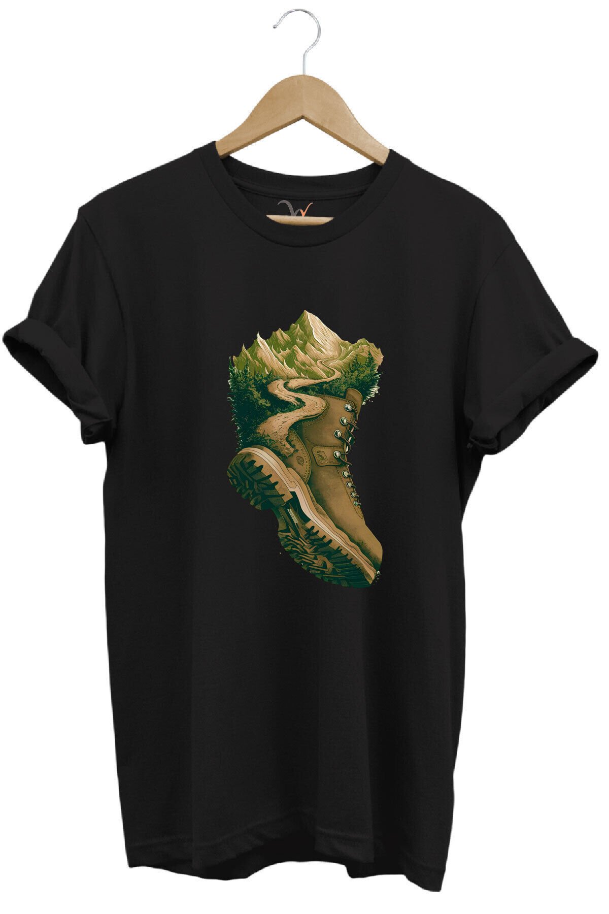 Outdoor Bot Ve Dağ Patika Yol Kamp Gezgin Baskılı %100 Pamuk Regular Fit Bisiklet Yaka Haki T-shirt Siyah - 2XL