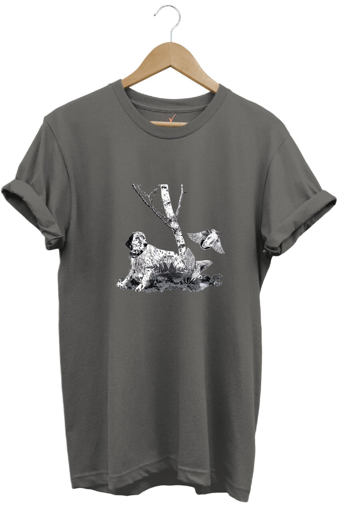 Avcılık English Setter ve Çulluk Baskılı %100 Pamuk Regular Fit Bisiklet Yaka T-shirt Antrasit - S