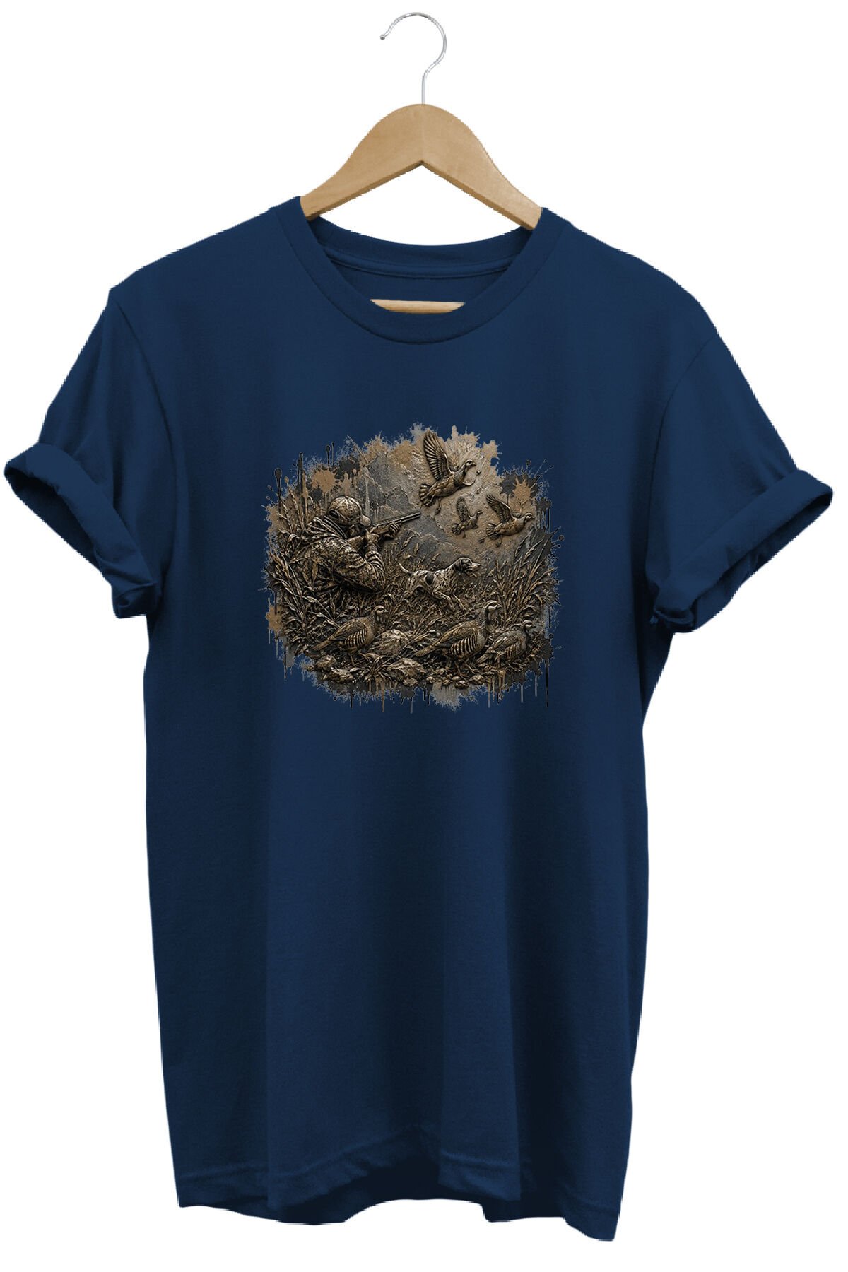 Arazi Köpeği ve Kuş Baskılı Atıcılık Tişörtü Outdoor Doğa Giyimi Lacivert - 2XL