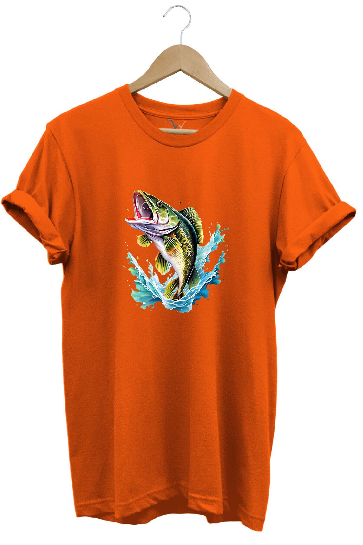 Fishing Balıkçılık Levrek Balığı Deniz Baskılı %100 Pamuk Regular Fit Bisiklet Yaka Beyaz T-shirt Turuncu - M