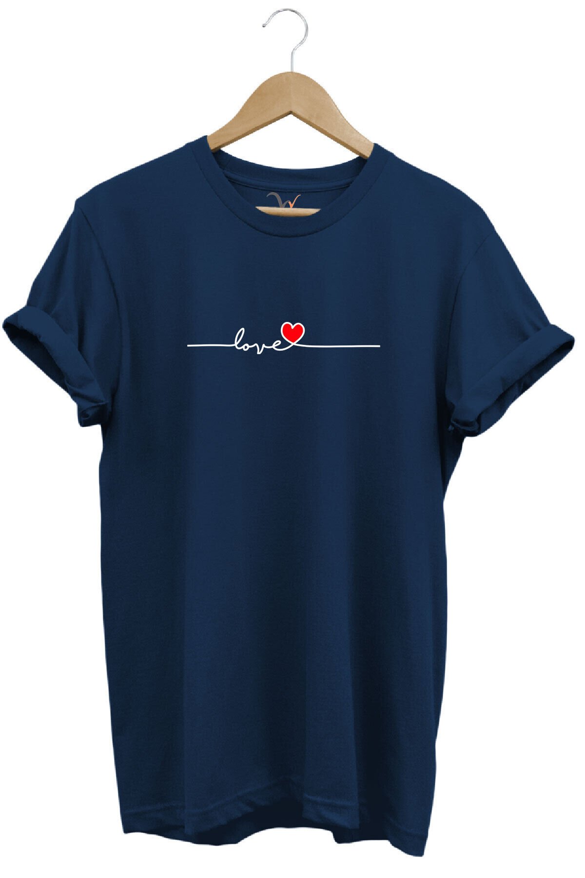 Sevgililer Günü Hediyesi Love Yazı Baskılı Kalpli %100 Pamuk Regular Fit Bisiklet Yaka T-Shirt Lacivert - 2XL