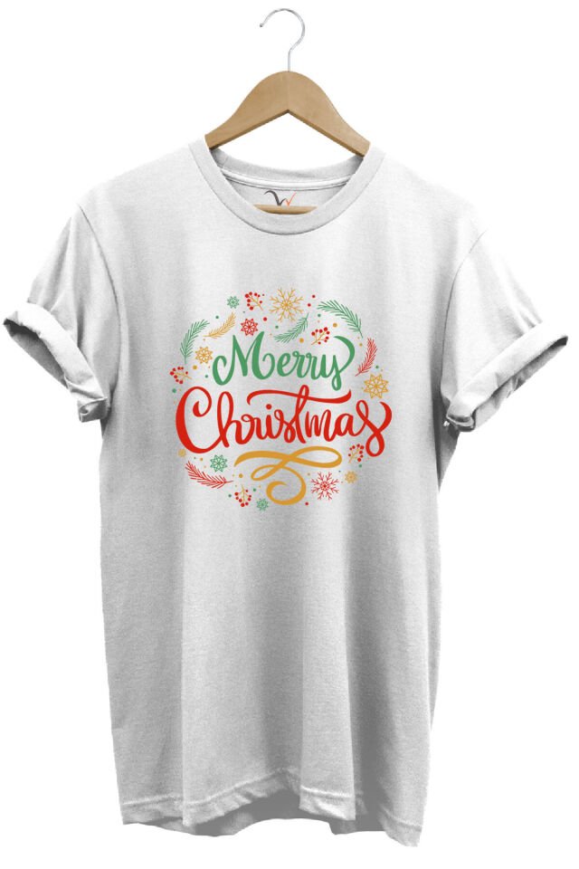 Yılbaşı Christmas Baskılı Noel Yeni Yıl %100 Pamuk Regular Fit Bisiklet Yaka Gri T-shirt Beyaz - M