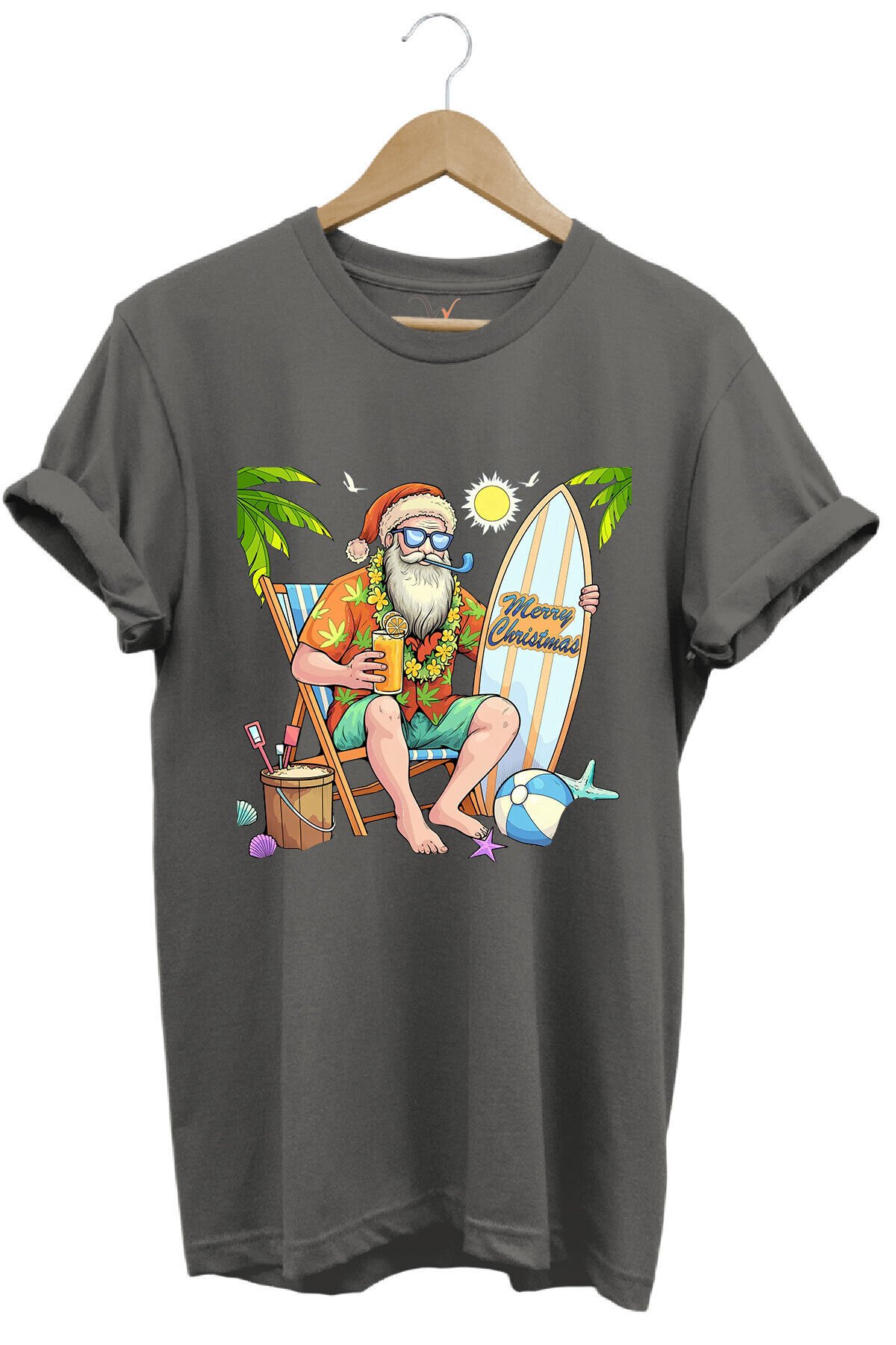Merry Christmas Yaz Temalı Plajda Noel Baba Baskılı %100 Pamuk Unisex Regular Fit T-Shirt Gri - XL