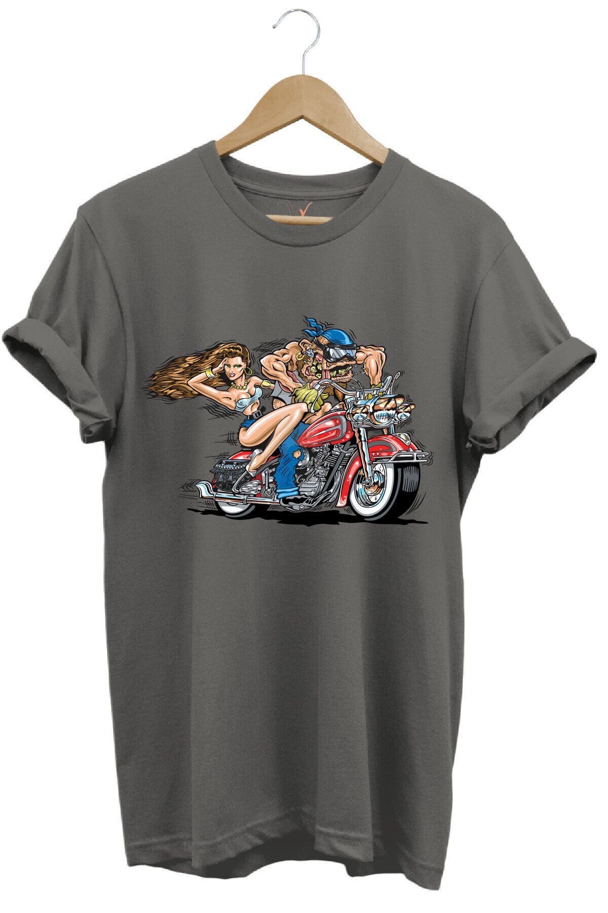 Motosiklet Motor Süren Adam ve Kadın Baskılı %100 Pamuk Regular Fit T-shirt Gri - XL