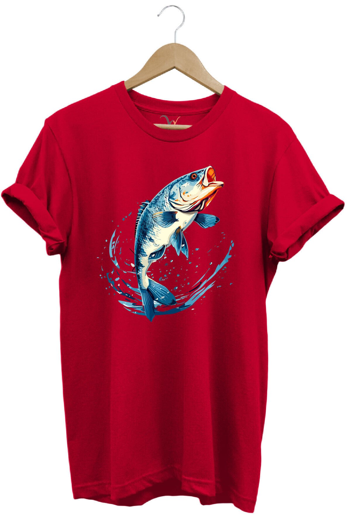Balıkçılık Levrek Balığı Baskılı Renkli Tasarım %100 Pamuk Regular Fit Bisiklet Yaka Kırmızı T-shirt Kırmızı - 2XL