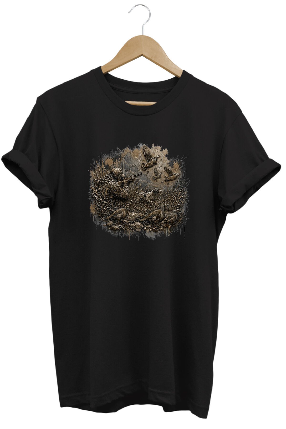 Arazi Köpeği ve Kuş Baskılı Atıcılık Tişörtü Outdoor Doğa Giyimi Siyah - XL