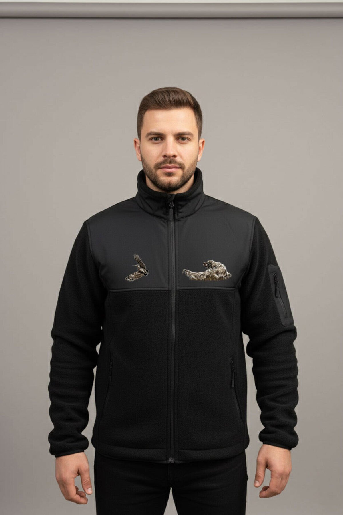 Avcılık Setter Çulluk Baskılı Dik Yaka Garnili Siyah Softshell Polar Ceket Siyah - 3XL