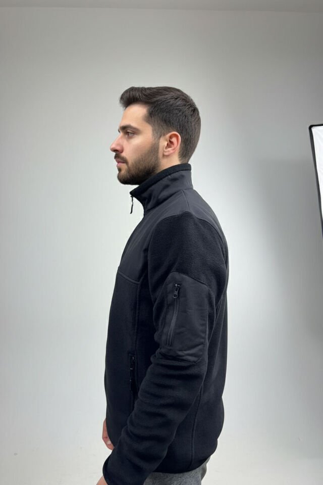 Avcılık Setter Çulluk Baskılı Dik Yaka Garnili Siyah Softshell Polar Ceket Siyah - 3XL
