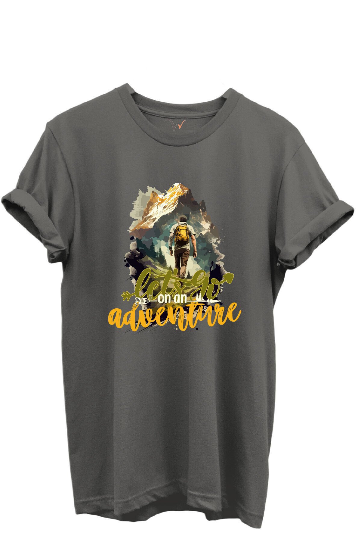 Let’s Go on an Adventure Yazılı Dağcı ve Doğa Temalı %100 Pamuk Regular Fit Unisex T-Shirt Gri - 3XL