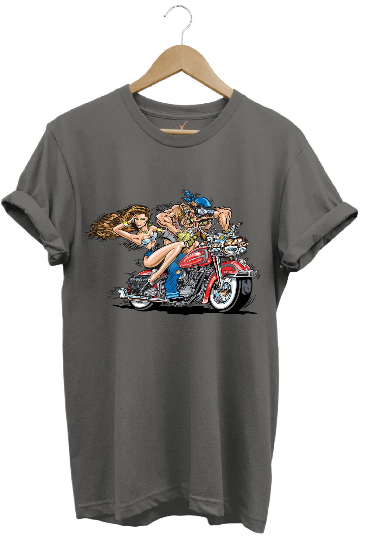 Motosiklet Motor Süren Adam ve Kadın Baskılı %100 Pamuk Regular Fit T-shirt Gri - L