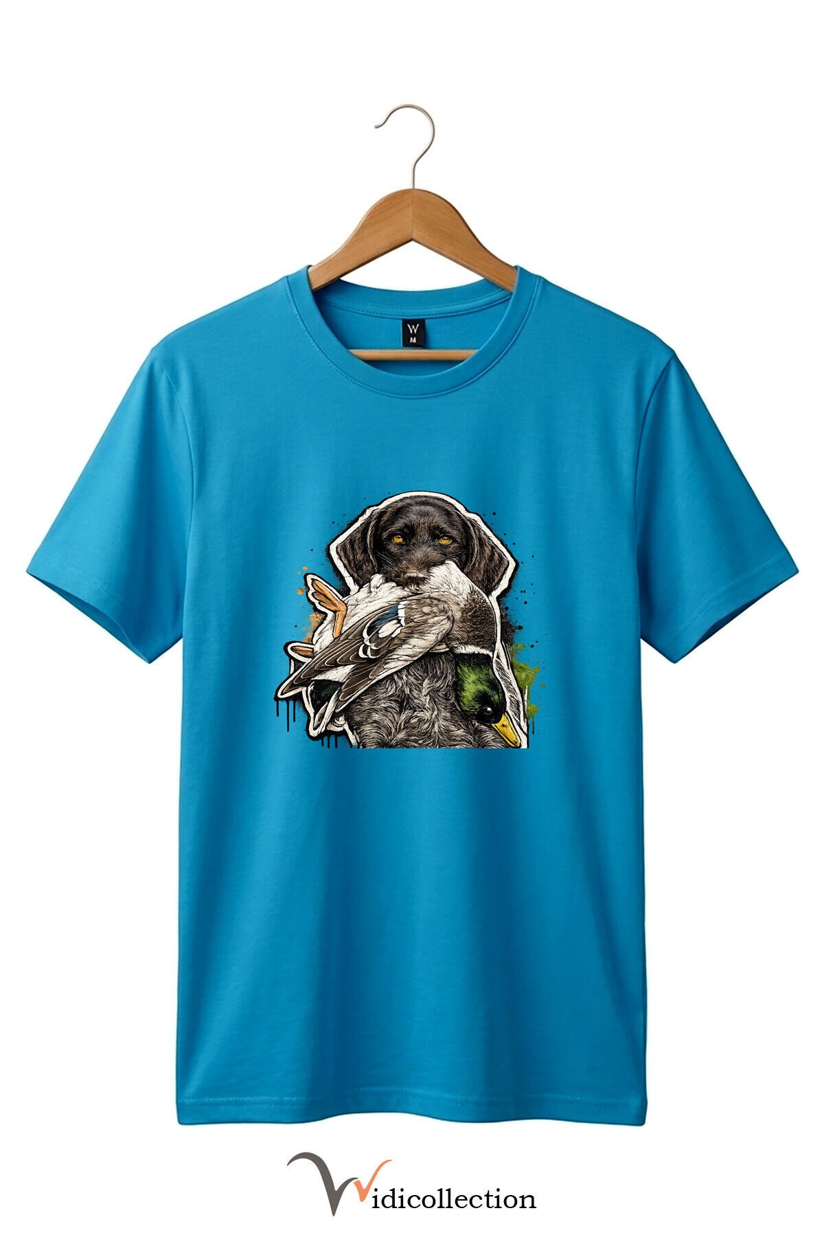 Unisex Avcı Köpeği ve Ördek Baskılı Ördek Avı Doğa ve Yaban Hayatı Outdoor %100 Pamuk Basic T-Shirt Turkuaz - S