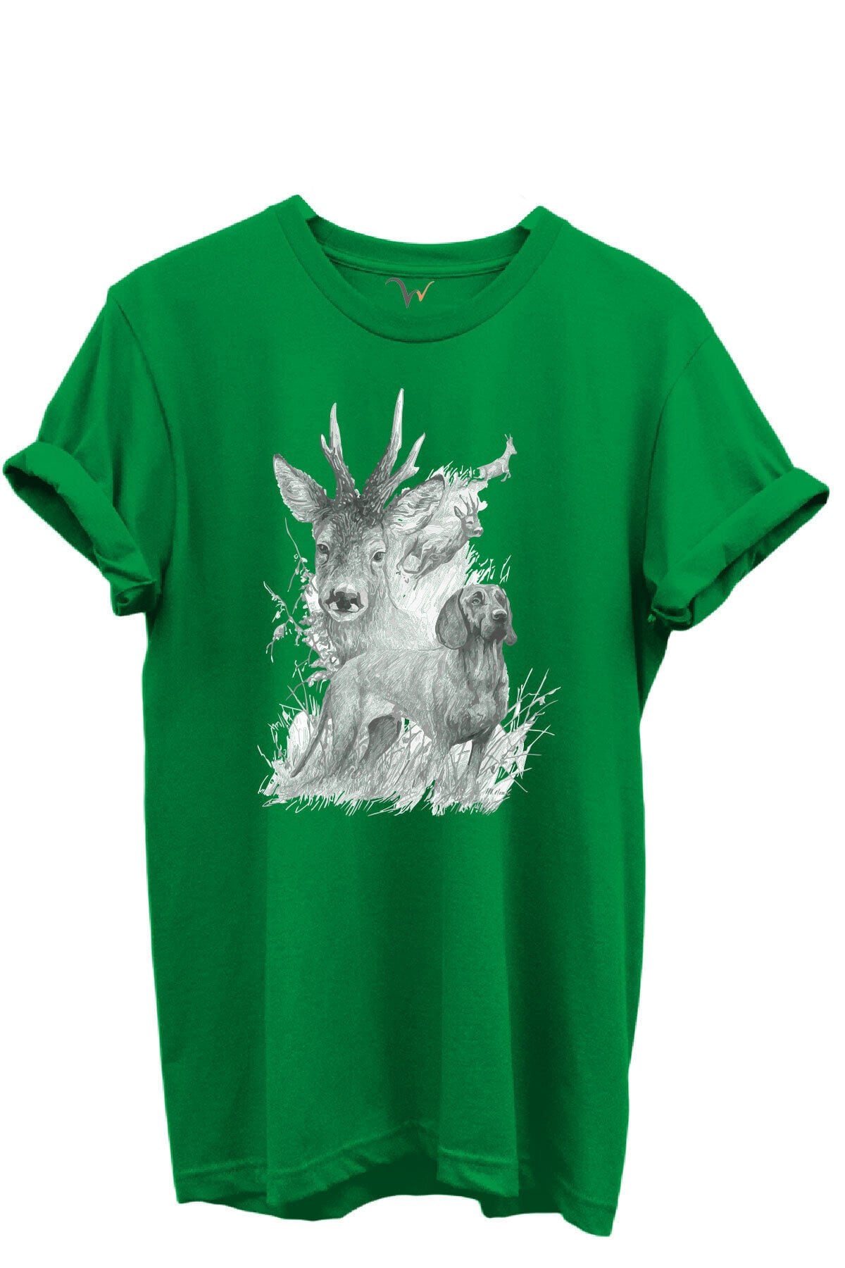 Geyik ve Av Köpeği Çizim Baskılı %100 Pamuk Regular Fit Bisiklet Yaka Unisex T-shirt