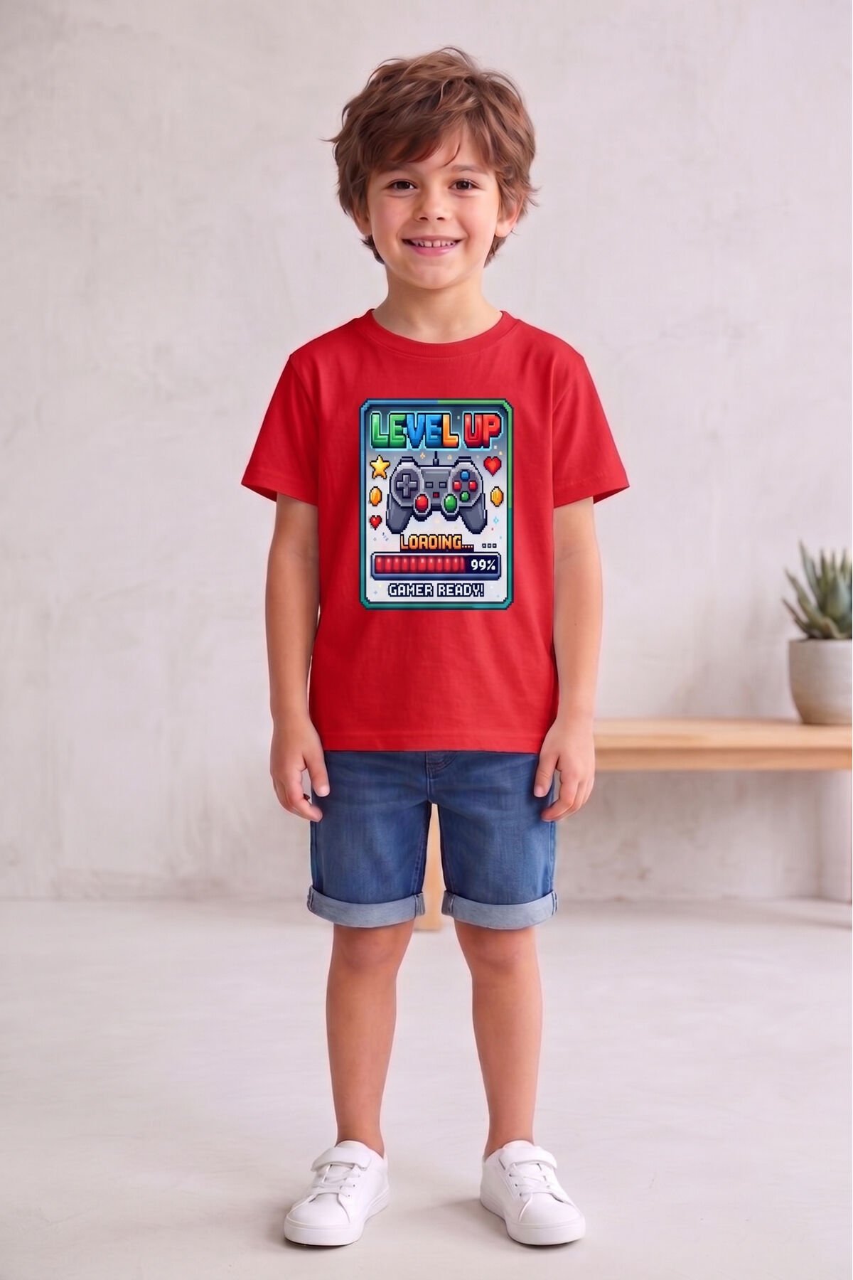 Erkek Çocuk Siyah Oyun Baskılı Tişört - Level Up Temalı T-Shirt Kırmızı - 9-10 Yaş
