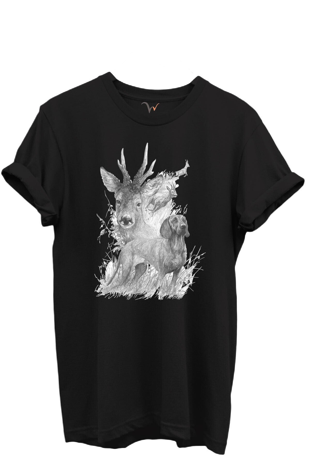 Geyik ve Av Köpeği Çizim Baskılı %100 Pamuk Regular Fit Bisiklet Yaka Unisex T-shirt Siyah - 5XL
