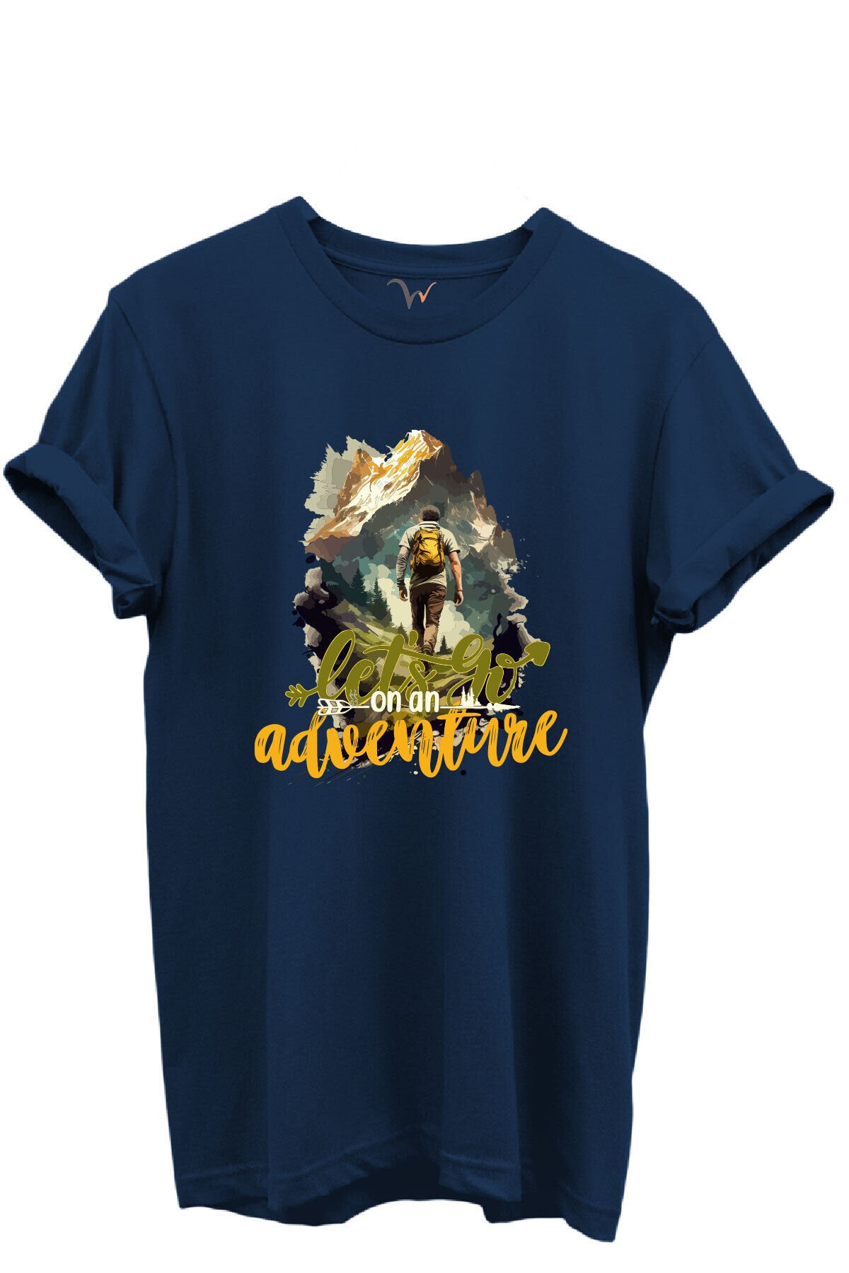 Let’s Go on an Adventure Yazılı Dağcı ve Doğa Temalı %100 Pamuk Regular Fit Unisex T-Shirt Lacivert - L