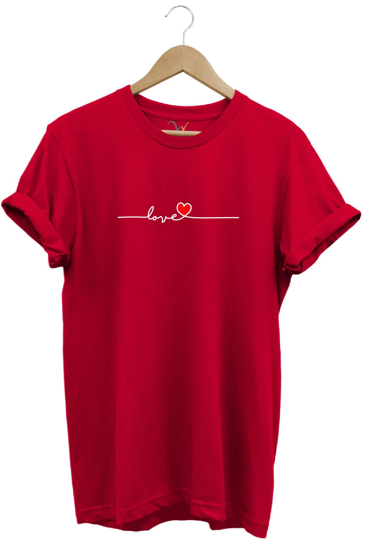 Sevgililer Günü Hediyesi Love Yazı Baskılı Kalpli %100 Pamuk Regular Fit Bisiklet Yaka T-Shirt Kırmızı - M