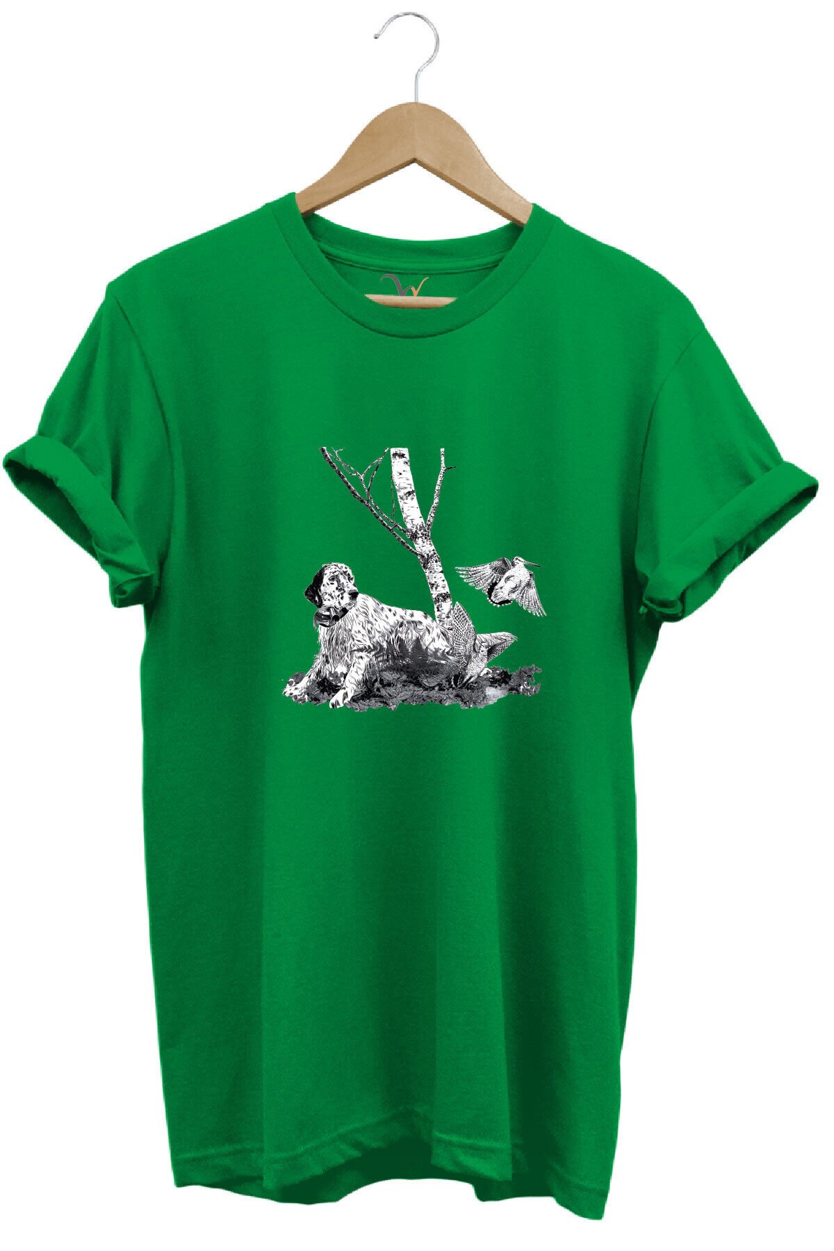 Avcılık English Setter ve Çulluk Baskılı %100 Pamuk Regular Fit Bisiklet Yaka T-shirt Yeşil - 3XL