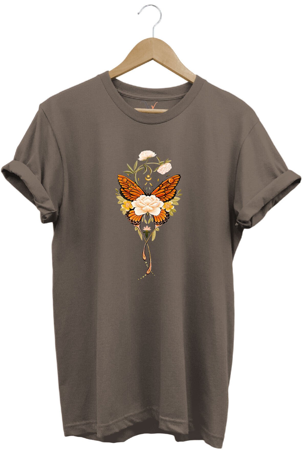 Minimal Kelebek ve Çiçek Baskılı %100 Pamuk Regular Fit Bisiklet Yaka T-shirt Kahverengi - L